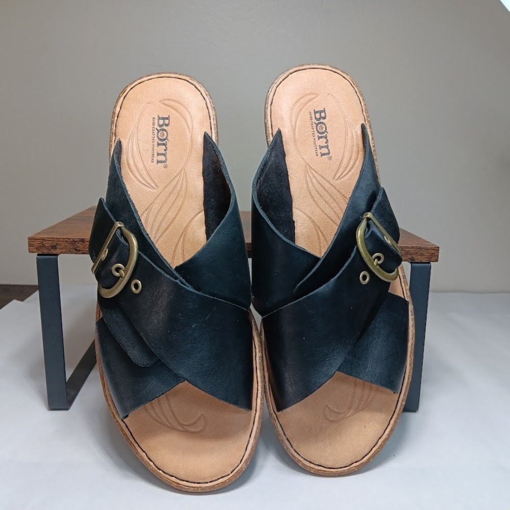 Born Rio Leather Slide Sandals Womens 11 Black Buckle Crisscross Excellent - Picture 4 of 10